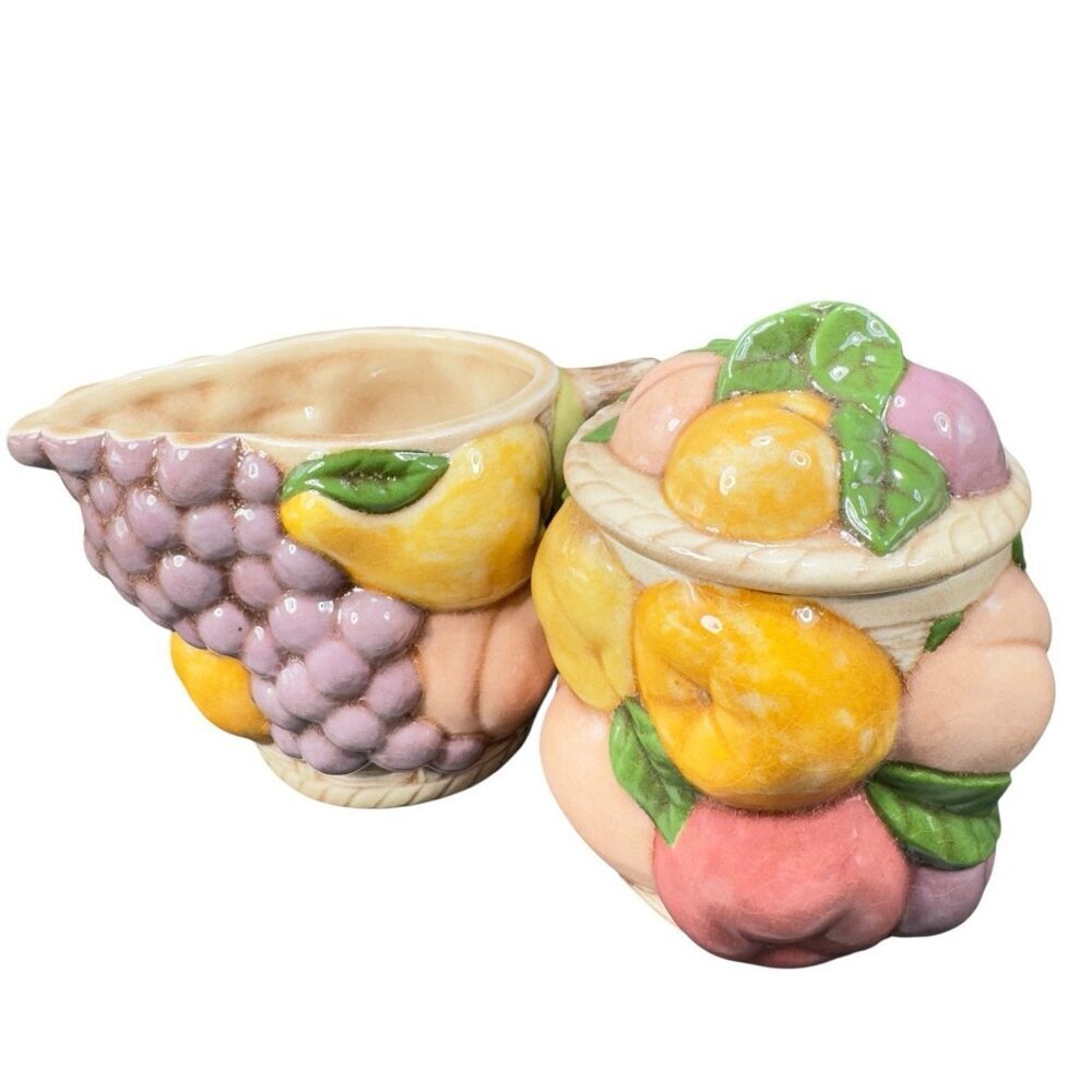 Vintage 1969 Hand Glazed Painted Ceramic Sugar And Creamer Set Fruit Signed VTG